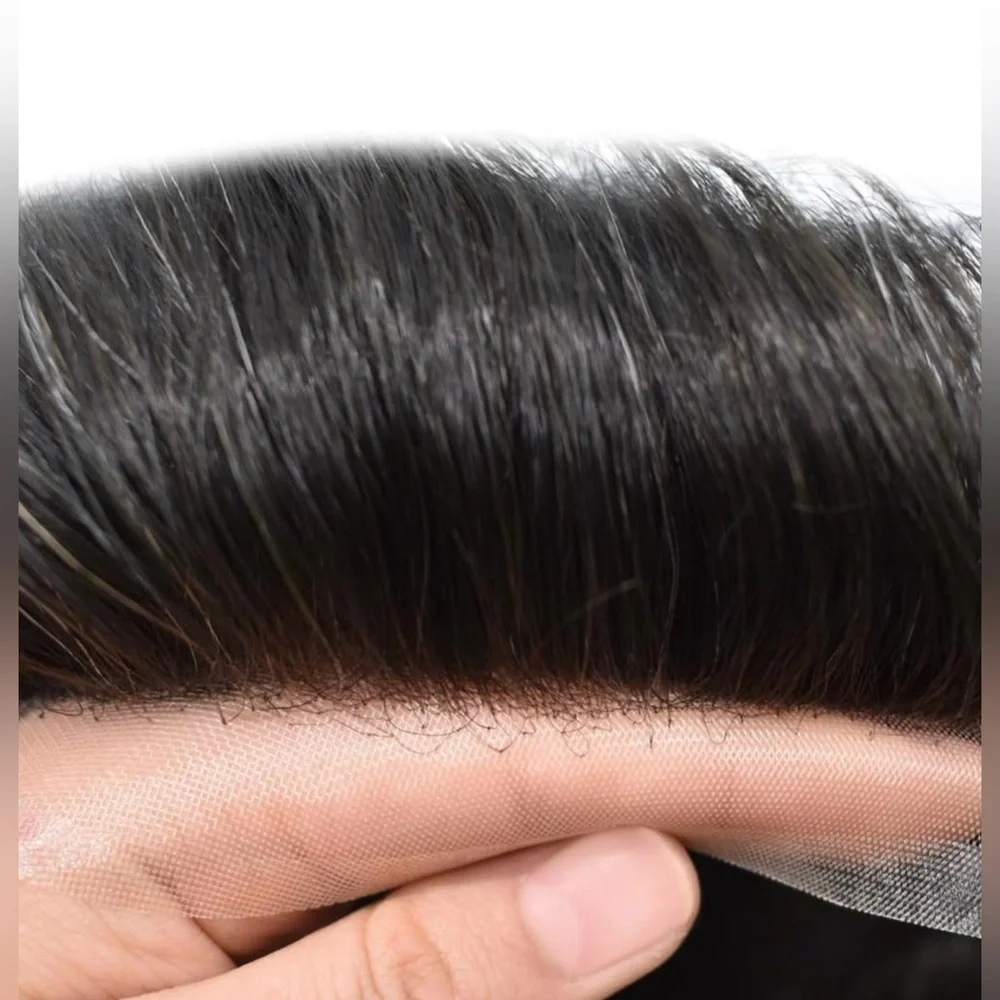 HUMAN HAIR Men’s Hairpiece Breathable Off Black 10% gray hair 100% density